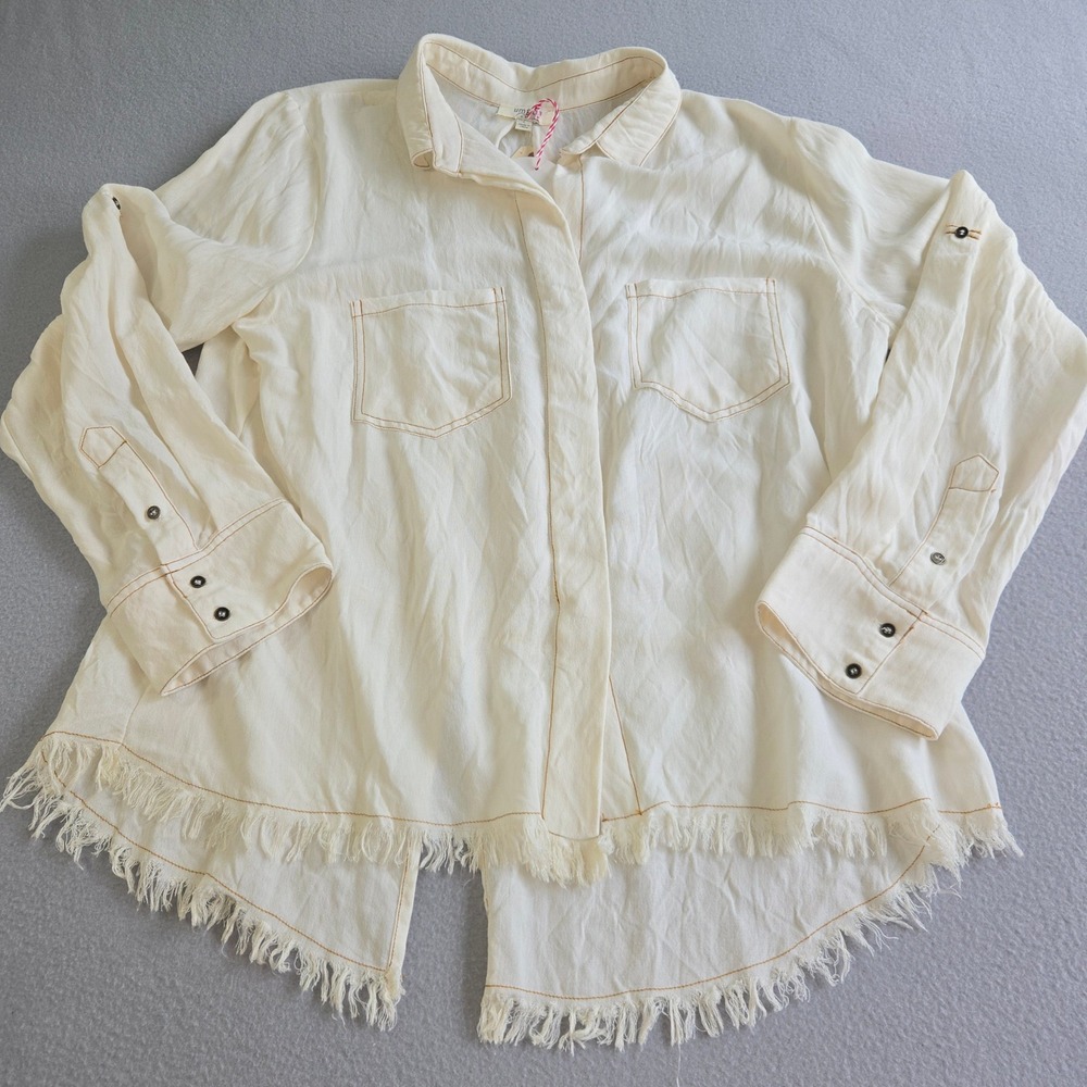 Umgee Button Down Shirt Womens Large Cream Frayed Hem Split Back Boho RT232